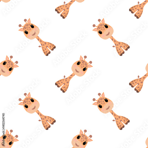 Seamless pattern with cute cartoon giraffe faces on a white background. Playful and cheerful design, perfect for kids, nursery, or baby products.