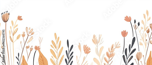 Wildflower Border: Delicate watercolor wildflowers in various hues of terracotta, ivory, and rust-brown grace a white background, creating a charming and ethereal border for your creative projects.