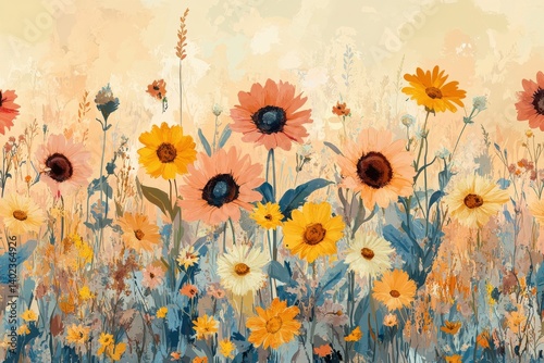 Vibrant Sunflowers and Wildflowers in a Summer Meadow Artistic Painting