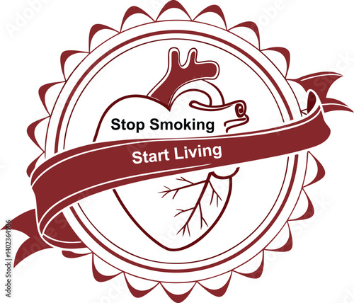 Stop Smoking, Start Living Badge: A  badge featuring a stylized heart with a ribbon proclaiming "Stop Smoking Start Living,"  promoting a healthy lifestyle and wellness message.  