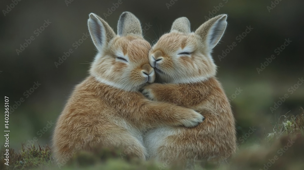 Two adorable baby rabbits cuddling together. Two adorable baby rabbits cuddling together.