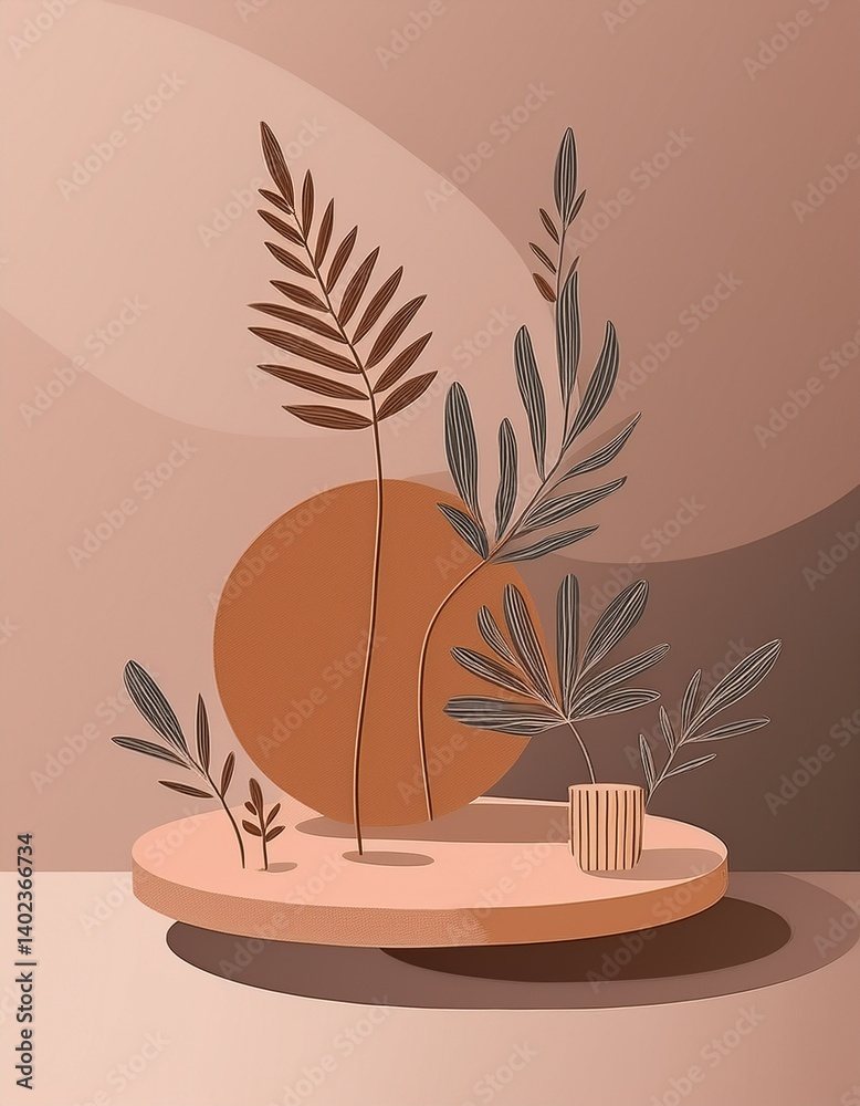 Obraz premium Clay Platform with Botanical Installation – Eco-Minimal Still Life