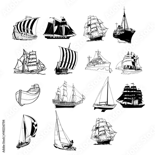 A collection of various sailing ships depicted in a black and white line art style