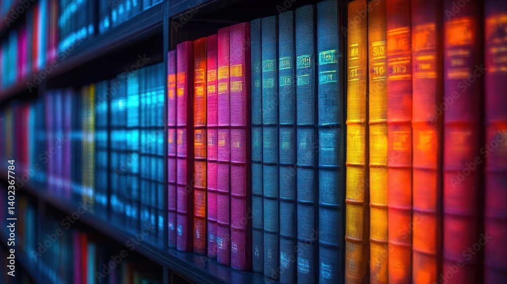Colorful books on a dark shelf, showcasing spines in various shades of blue, pink, red, and orange. Colorful books on a dark shelf, showcasing spines in various shades of blue, pink, red, and orange.