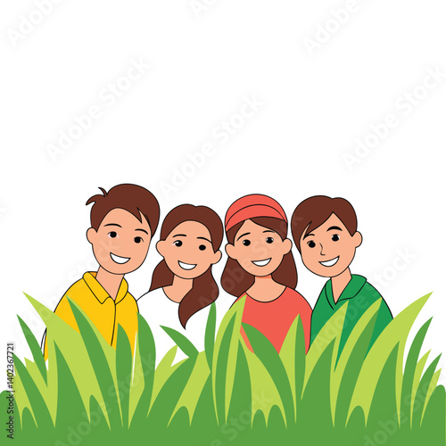 Four children smiling in a grassy field