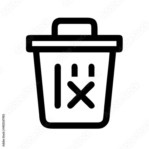Trash Can Icon: A simple, bold line art illustration of a trash can with a cross symbol, representing deletion, disposal, or recycling.
