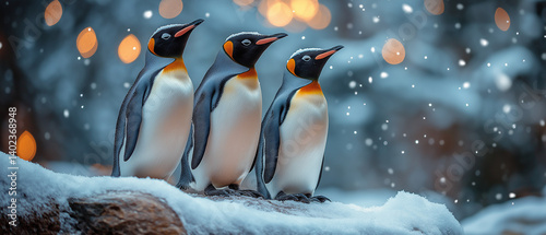King Penguins in Winter Wonderland: Three majestic king penguins huddle together on a snowy rock amidst a flurry of snowflakes, the blurred background hinting at a breathtaking winter landscape.