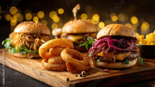 A vivid photograph of loaded burgers with caramelized onions, beer-battered onion rings, truffle fries