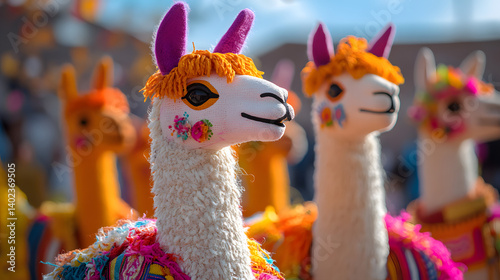 Inti raymi festival colorful llama decorations, cusco peru photo