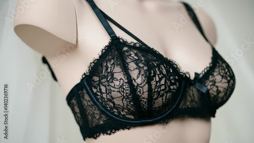 Elegant black lace lingerie on mannequin with smooth pan movement