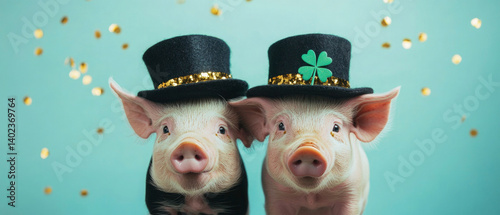 Wallpaper Mural Happy Birthday, carnival, New Year's eve, sylvester or other festive celebration, funny animals card - pics with black hat, green cloverleaf, golden confettis, blue background, symbol of luck Torontodigital.ca