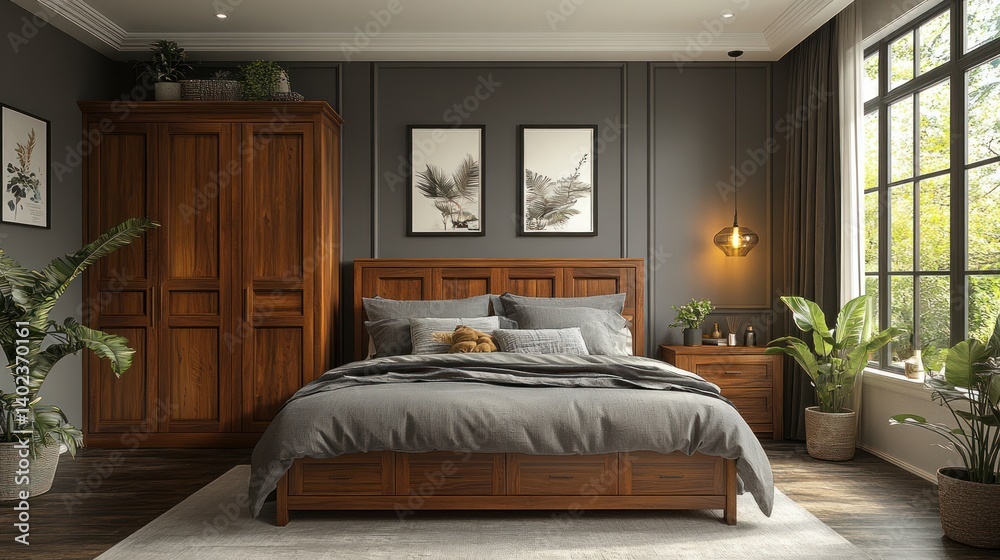 Modern bedroom interior design with wooden bed, wardrobe, and nightstand. Modern bedroom interior design with wooden bed, wardrobe, and nightstand.
