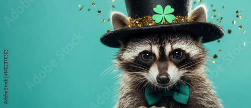 Wallpaper Mural Happy Birthday, carnival, New Year's eve, sylvester or other festive celebration, funny animals card - raccoon with black hat, green cloverleaf, golden confettis, blue background, symbol of luck Torontodigital.ca
