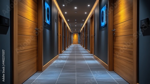 Modern hotel corridor with wooden doors, blue accent lights, and tiled floor.