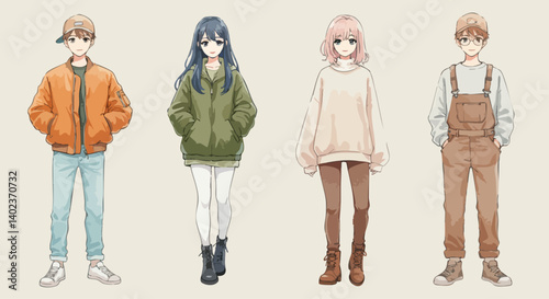 Cartoon teenagers in casual clothes. Anime-style casual male and female full-body portraits. EPS 10 version.