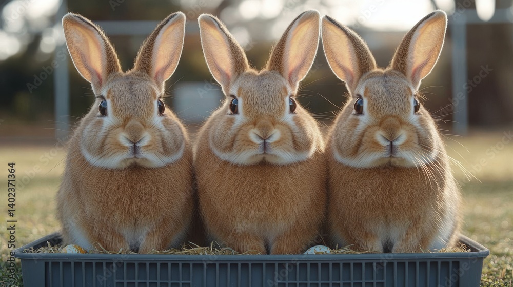 Fototapeta premium Three adorable rabbits in a gray container.