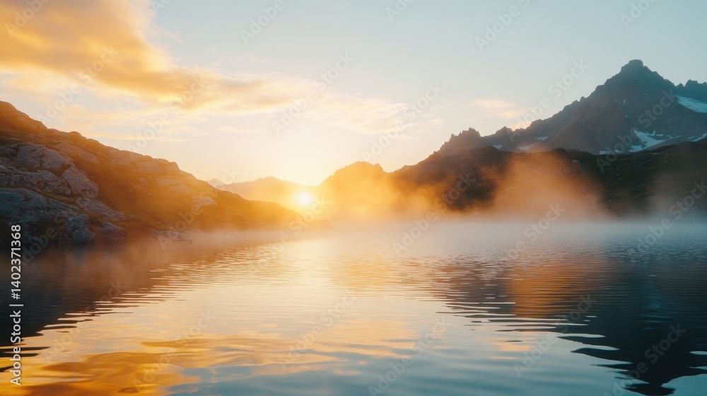 Beautiful sunrise over tranquil lake with mist and mountain silhouettes in the background Beautiful sunrise over tranquil lake with mist and mountain silhouettes in the background