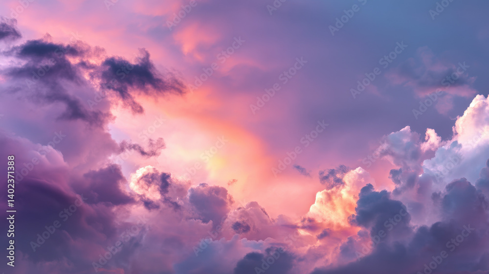 A vivid skyscape of luminous peach and violet clouds, intense backlight shining through thick cumulus, serene yet dramatic mood
