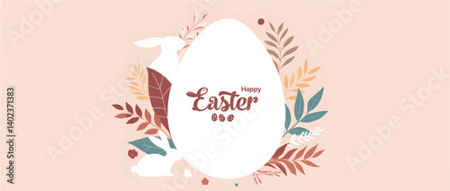 Happy Easter banner. Trendy Easter design with typography, hand painted strokes and dots, eggs, bunny ears, in pastel colors. Modern minimal Easter design with playful dots and egg shapes