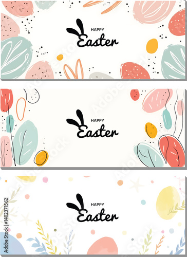 Happy Easter banner. Trendy Easter design with typography, hand painted strokes and dots, eggs, bunny ears, in pastel colors. Modern minimal Easter design with playful dots and egg shapes