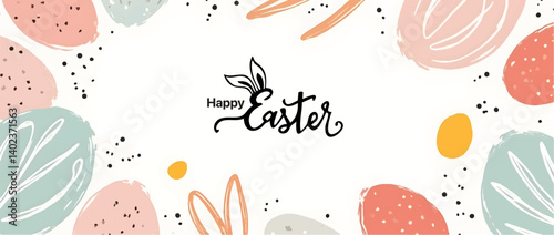 Happy Easter banner. Trendy Easter design with typography, hand painted strokes and dots, eggs, bunny ears, in pastel colors. Modern minimal Easter design with playful dots and egg shapes