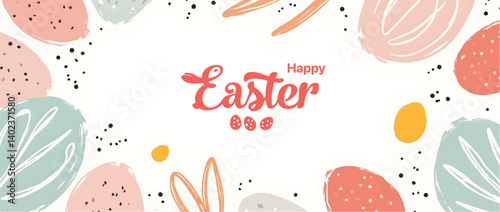 Happy Easter banner. Trendy Easter design with typography, hand painted strokes and dots, eggs, bunny ears, in pastel colors. Modern minimal Easter design with playful dots and egg shapes