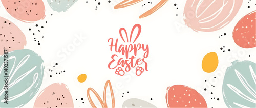 Happy Easter banner. Trendy Easter design with typography, hand painted strokes and dots, eggs, bunny ears, in pastel colors. Modern minimal Easter design with playful dots and egg shapeser (24.eps