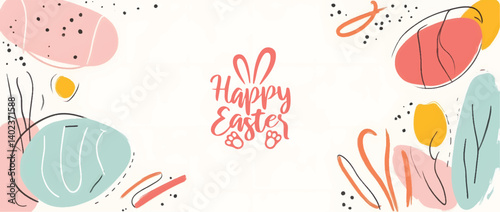 Happy Easter banner. Trendy Easter design with typography, hand painted strokes and dots, eggs, bunny ears, in pastel colors. Modern minimal Easter design with playful dots and egg shapes