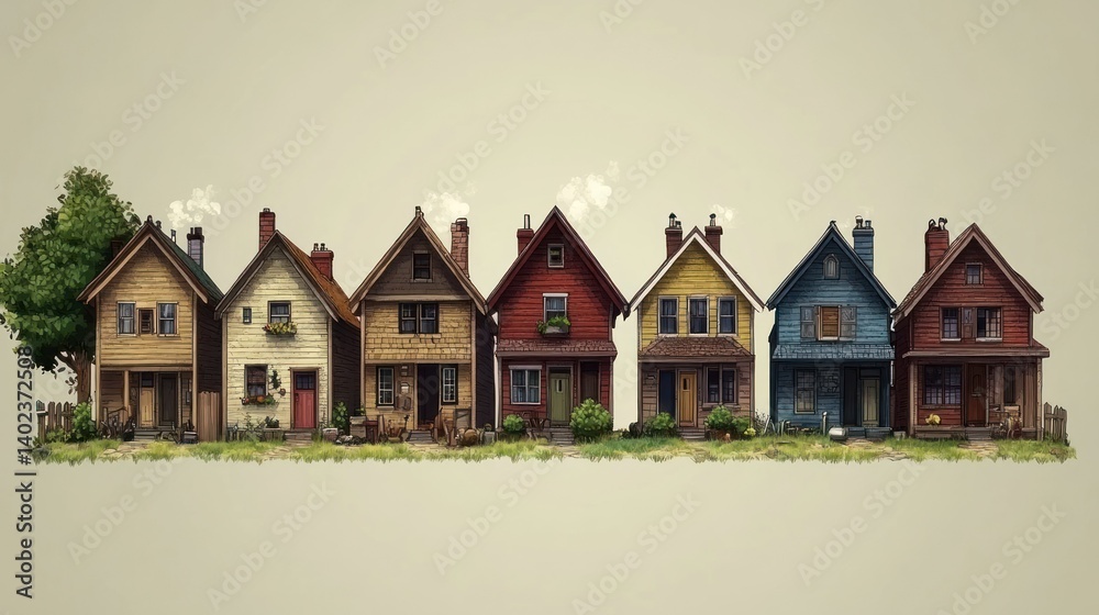 Charming Row of Colorful Houses on a Quiet Street Charming Row of Colorful Houses on a Quiet Street