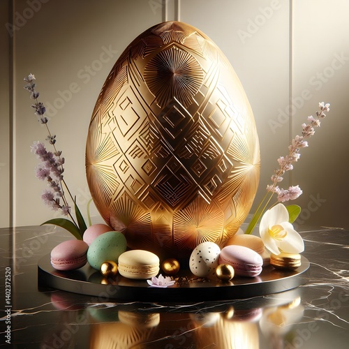 Luxurious Golden Geometric Easter Egg Centerpiece with Smaller Decorated Eggs, Macarons, and Delicate Flowers on a Marble Surface