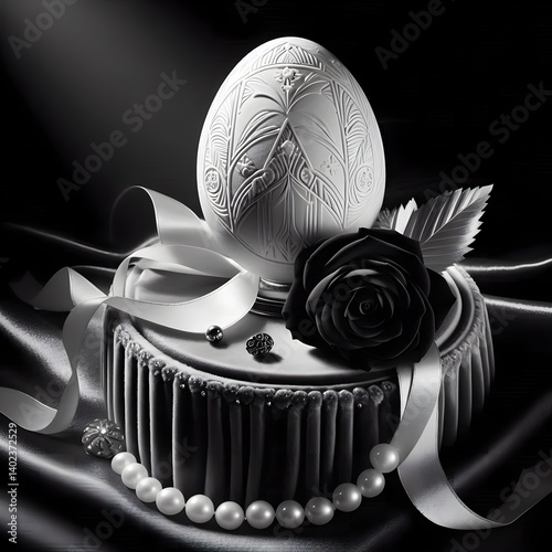 Elegant Black and White Easter Egg with Art Deco Carving, Silk Bow, Pearls, and Rose on a Pedestal