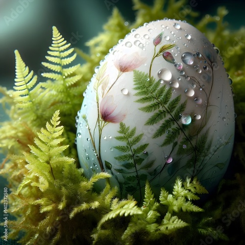 Intricately Decorated Easter Egg with Botanical Fern and Floral Motifs on Mossy Forest Floor with Dew Drops