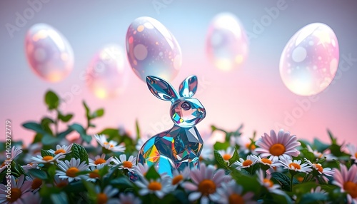 Ethereal Easter Scene with Floating Iridescent Eggs, Crystal Bunny, and Daisy Flowers on a Gradient Background