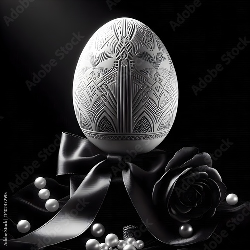 Elegant Black and White Easter Egg with Art Deco Carving, Silk Bow, Pearls, and Rose on a Pedestal
