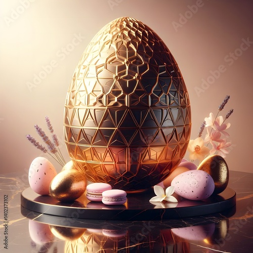 Luxurious Golden Geometric Easter Egg Centerpiece with Smaller Decorated Eggs, Macarons, and Delicate Flowers on a Marble Surface