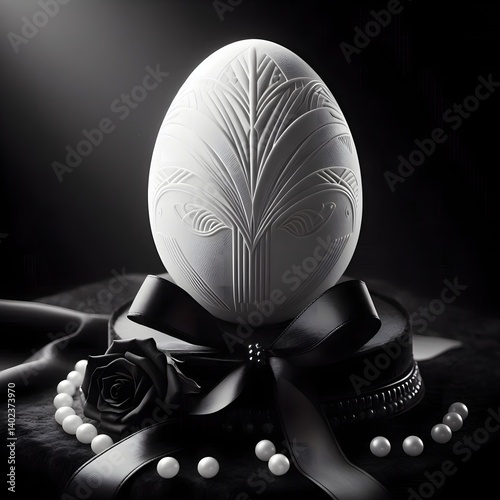 Elegant Black and White Easter Egg with Art Deco Carving, Silk Bow, Pearls, and Rose on a Pedestal