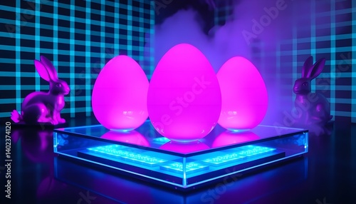 Neon Lit Easter Scene with Three Glowing Pink Egg Lamps, Bunny Figurines, and Vapor on a Blue Illuminated Platform