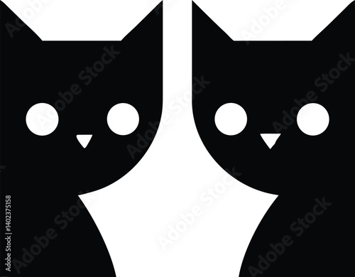 Twin Stylized Cats in Mirrored Positions with Comical Eyes and Minimal Features