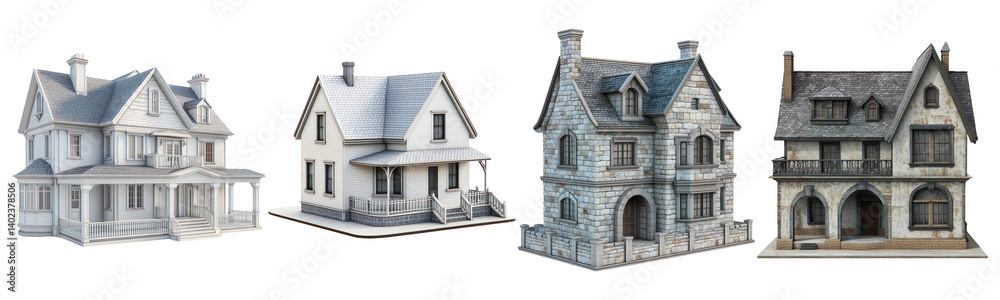 Set of 3d house model isolated on transparent background Set of 3d house model isolated on transparent background