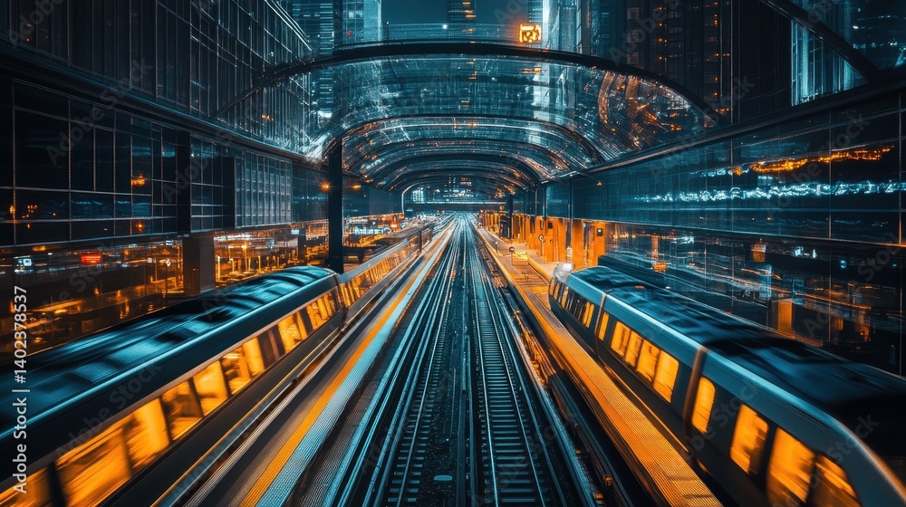 Futuristic transportation system showcases sleek vehicles in a modern urban environment