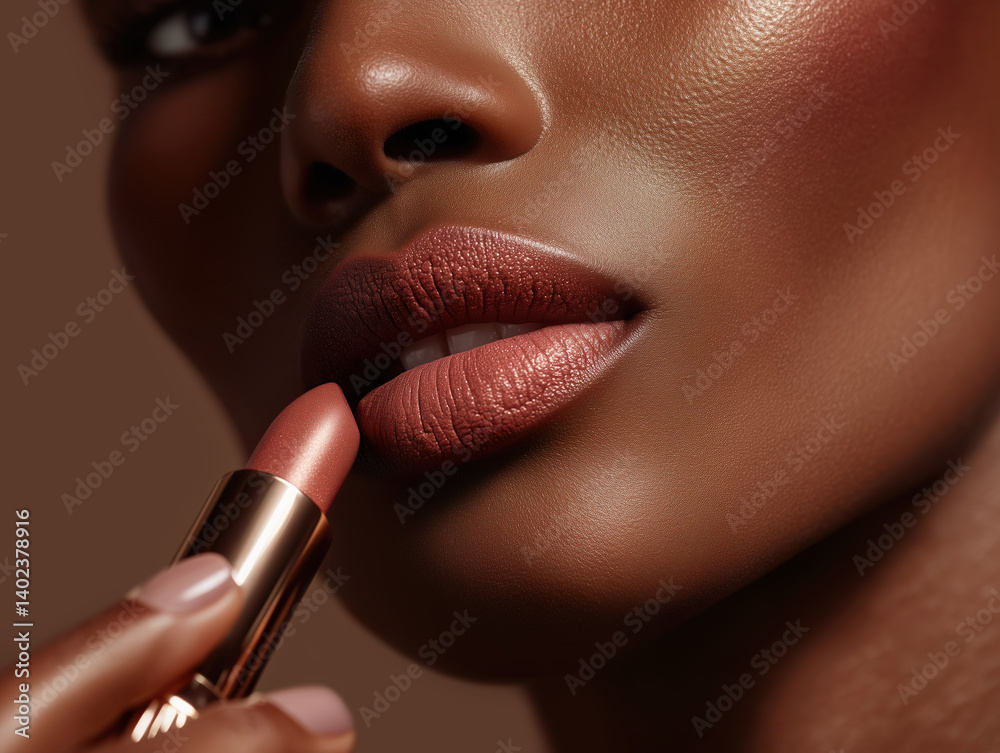 Beauty shot of a black model's face holding lipstick next to lips.