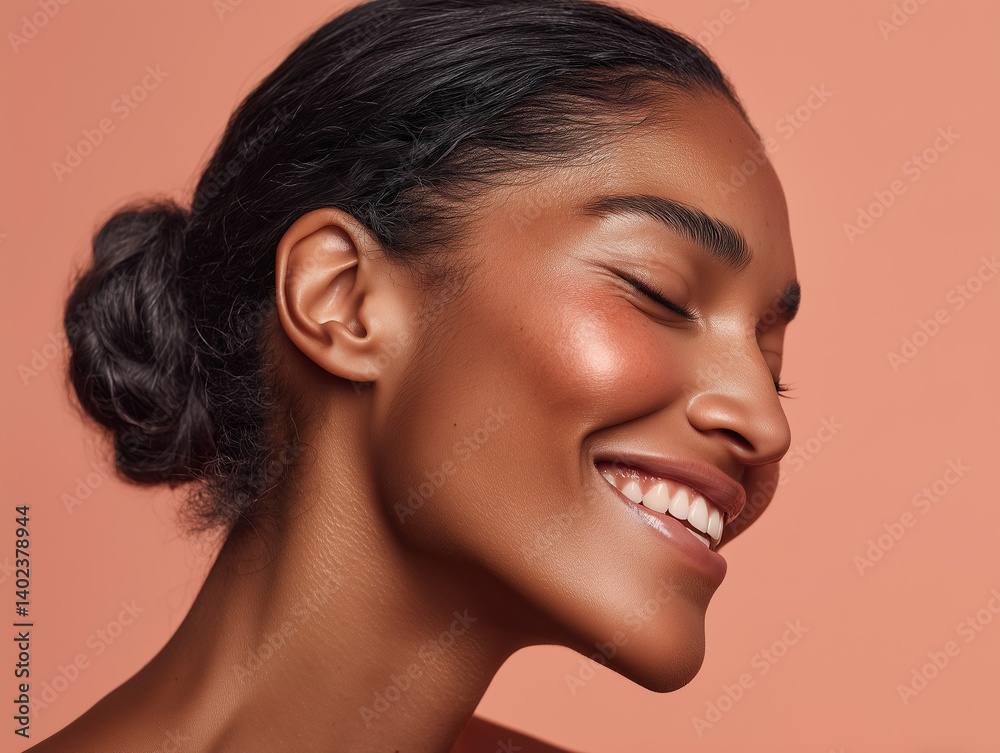 Beauty shot of a black model's face, smiling, with natural make-up, on warm beige background.
