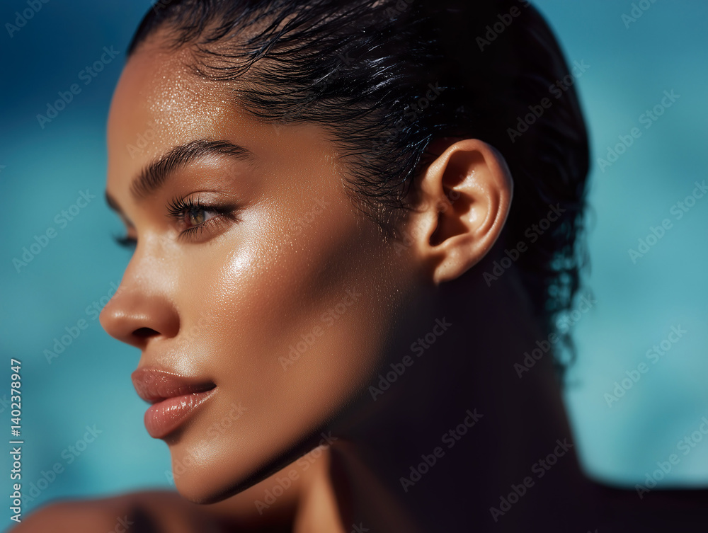 Summer lifestyle shot of a black model's face with blue vacation ocean background.