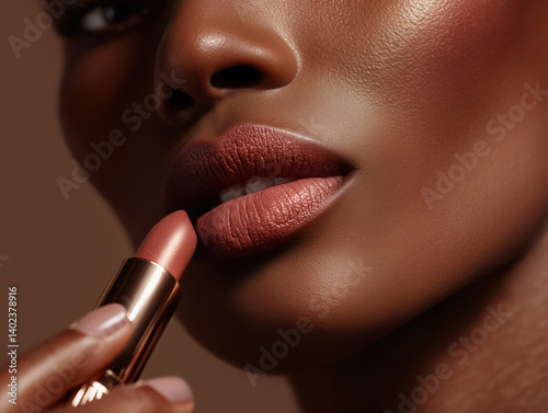 Beauty shot of a black model's face holding lipstick next to lips. 