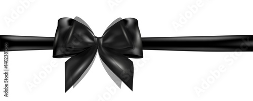 Realistic black satin ribbon with elegant bow on white background, suitable for gift wrapping, memorial designs, tribute graphics, packaging decoration, and elegant invitations.Vector illustration