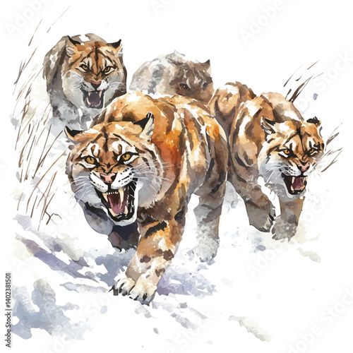 Pack Of Sabertooth Cats Prowling The Tundra, watercolor vector, isolated on a white background.