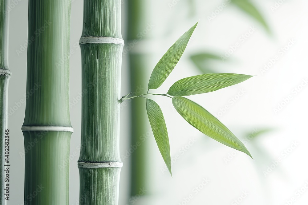 Obraz premium Close-up of bamboo stalks with slender green trunks and delicate leaves, highlighting natural textures and patterns, set against a soft white background, conveying tranquility and elegance.