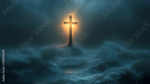 Dramatic cross shaped lighthouse shining over stormy seas