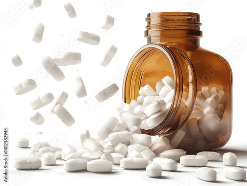 A brown glass bottle with white pills spilling out