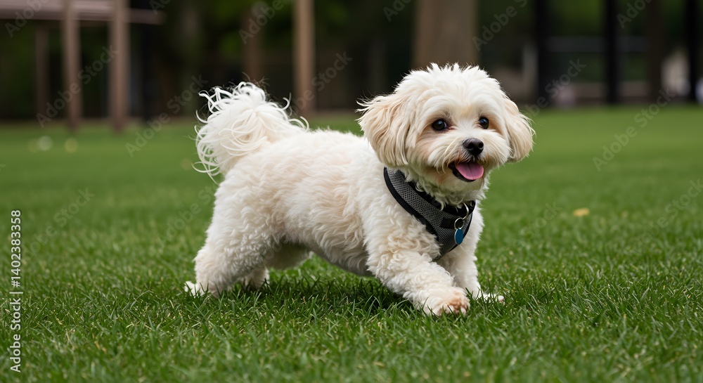 Playful Small Dog Running on Green Grass in Sunny Park Playful Small Dog Running on Green Grass in Sunny Park